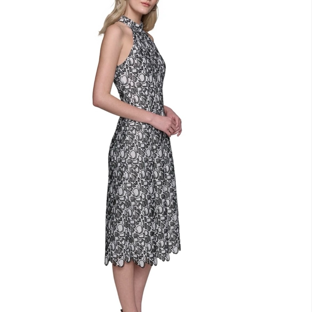 KARL LAGERFELD Black & White Printed Mock-Neck Lace A-Line Dress